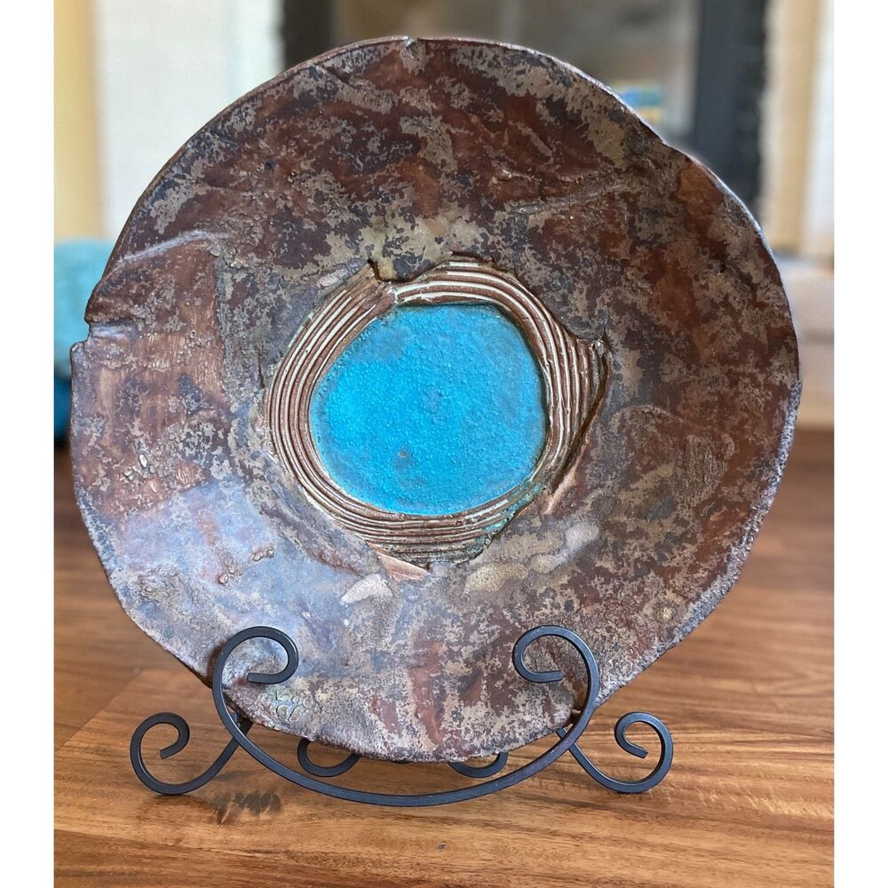 Centerpiece Bowl / Decorative Earth Tone Blue Glaze Vintage Studio Pottery